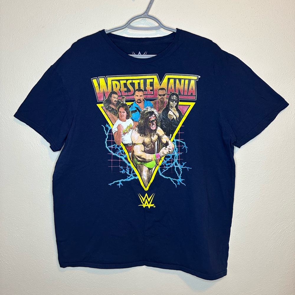 WWE WrestleMania Shirt Men’s XL Blue Ultimate Warrior Macho Man Brett Hart